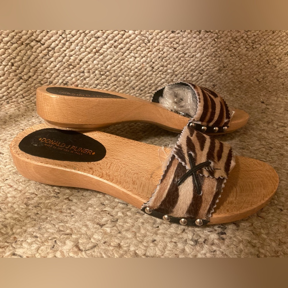 Donald J. Pilner Genuine Calf Hair Animal Print Wooden Clog Slides